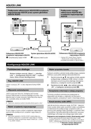 Page 3028
Podłączanie odtwarzacza AQUOS BD/urządzenia 
nagrywającego AQUOS przez system głośników 
AQUOS AUDIO

 
Odtwarzacz AQUOS BD/
urządzenie nagrywające AQUOS
System głośników AQUOS AUDIO
 
nCertyfikowany kabel HDMI 
oOptyczny kabel audio
Podłączanie samego 
odtwarzacza AQUOS BD/
urządzenia nagrywającego 
AQUOS

Odtwarzacz AQUOS BD/urządzenie 
nagrywające AQUOS
*	Funkcja ARC (Audio Return Channel 
= Kanał zwrotny audio) działa tylko w 
przypadku korzystania ze złącza HDMI 1.
Konfiguracja AQUOS LINK...