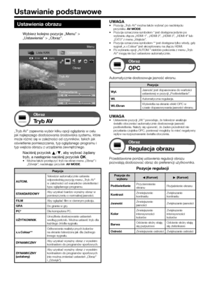 Page 3230
Ustawienia obrazu
Wybierz kolejno pozycje „Menu” > „Ustawienia” > „Obraz”.
Ustawienia
Tryb AV Obraz
OPC
[Wył.]
Lista KAN
: Cofnij
: Enter
Menu
Podświetlanie
Kontrast
Obraz
Tryb AV
„Tryb AV” zapewnia wybór kilku opcji oglądania w celu jak najlepszego dostosowania środowiska systemu, które może różnić się w zależności od czynników, takich jak oświetlenie pomieszczenia, typ oglądanego programu i typ wejścia obrazu z urządzenia zewnętrznego.
Naciśnij przycisk a/b, aby wybrać żądany tryb, a następnie...