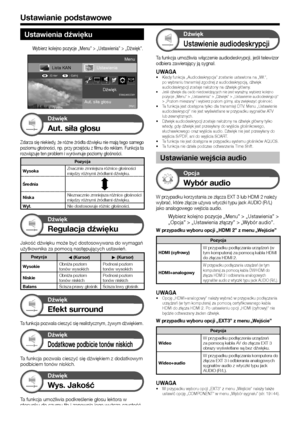 Page 3432
Ustawienia dźwięku
Wybierz kolejno pozycje „Menu” > „Ustawienia” > „Dźwięk”.
Ustawienia
Aut. siła głosu Dźwięk
[Wył.]
STANDARDOWY
Lista KAN
: Cofnij
: Enter
Menu
Dźwięk
Aut. siła głosu
Zdarza się niekiedy, że różne źródła dźwięku nie mają tego samego poziomu głośności, np. przy przejściu z filmu do reklam. Funkcja ta rozwiązuje ten problem i wyrównuje poziomy głośności.
Pozycja
Wysoka Znacznie zmniejsza różnice głośności 
między różnymi źródłami dźwięku.
Średnia
Niska Nieznacznie zmniejsza różnice...