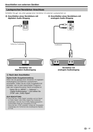 Page 19
Anschließen von externen Geräten
DIGITAL AUDIO IN AUX1 IN L 
R AUX OUT  L 
R 
Anschließen eines Verstärkers mit 
analogem Audio-EingangEAnschließen eines Verstärkers mit 
digitalem Audio-EingangE
Lautsprecher/Verstärker-Anschluss
Schließen Sie ggf. wie unten gezeigt einen Verstärker mit externen Lautsprechern an.
Nach dem Anschließen
Digital-Audio-Ausgabeeinstellung
Wenn Sie wie gezeigt einen Verstärker mit digitalem 
Audioeingang und externen Lautsprechern 
anschließen, sollten Sie ein...