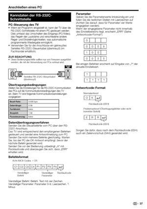 Page 39
Anschließen eines PC
C1 C2 C3 C4 P1  P2  P3  P4
ÜbertragungsbedingungenStellen Sie die Einstellungen für die RS-232C-Kommunikation 
des PCs auf die Kommunikationsbedingungen des TV 
ein. Beim TV sind folgende Kommunikationseinstellungen 
vorgegeben:
Baud-Rate:9.600 bps
Datenlänge: 8 Bit
Paritätsbit: keine
Stoppbit: 1 Bit
Flusssteuerung: keine
DatenübertragungsverfahrenSenden Sie die Steuerbefehle vom PC über den RS-
232C-Anschluss.
Das TV wird entsprechend den empfangenen Befehlen 
gesteuert und sendet...