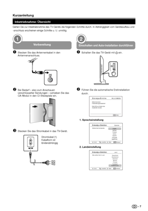 Page 8 Kurzanleitung
Inbetriebnahme: Übersicht 
Gehen Sie zur Inbetriebnahme des TV-Geräts die folgenden Schritte durch. In Abhängigkeit vom Geräteaufbau und -anschluss erscheinen einige Schritte u. U. unnötig.
Vorbereitung
Œ Stecken Sie das Antennenkabel in den Antennenanschluss. 
75Ω
 Bei Bedarf – also zum Anschauen verschlüsselter Sendungen – schieben Sie das CA-Modul in den CI-Steckplatz ein.
Ž Stecken Sie das Stromkabel in das TV-Gerät.
1
einschalten und auto-Installation durchführen...