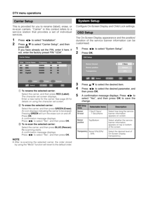 Page 2826
DTV menu operations
Carrier Setup
This is provided for you to rename (label), erase, or
re-scan carriers. “Carrier” in this context refers to a
service station that provides a set of individual
services.
1Press c/d to select “Installation”.
2Press a/b to select “Carrier Setup”, and then
press OK.
If you have already set the PIN, enter it here. If
not, enter the factory preset PIN “1234”.
Carrier Setup
S.No Carrier Name
001Frequency TV Radio
BBC 538000 05 03
002 BBC 546000 06 08
003 Canal+ 554000 04...