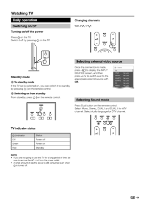 Page 11Watching tV
turning on/off the power
Press a on the TV �
Switch it off by pressing a on the TV � 
B indicatorStatus
Off Power off
Green Power on
Red Standby
note If you are not going to use this TV for a long period of time, be 
•	
sure to remove the AC cord from the power outlet�
A small amount of electric power is still consumed even when 
•	
a is turned off�
tV indicator status
E  to standby mode
If the TV set is switched on, you can switch it to standby 
by pressing B on the remote control�
E...