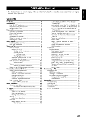 Page 3operation manual
Contents ��������������������������������������������������������������������  1
introduction  ���������������������������������������������������������������  2
Dear SHARP customer  ����������������������������������������  2
Important Safety Precautions  ������������������������������� 2
Remote control unit ����������������������������������������������  3
preparation  ���������������������������������������������������������������  5
Supplied accessories...