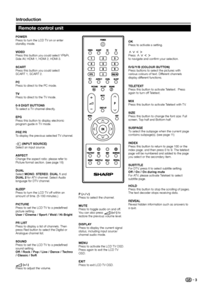 Page 5introduction
0
poWer
Press to turn the LCD TV on or enter 
standby mode�
ViDeo
Press this button you could select YPbPr, 
Side AV, HDMI 1, HDMI 2, HDMI 3�
SCart
Press this button you could select  
SCART 1, SCART 2�
pC
Press to direct to the PC mode�
tV
Press to direct to the TV mode�
0-9 DiGit ButtonS
To select a TV channel directly�
epG
Press this button to display electronic 
program guide in TV mode�
pre pr
To display the previous selected TV channel�
b (input SourCe)
Select an input source�
aSpeCt...