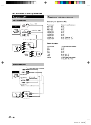 Page 24Дигитална връзка
HDMI
DVI
PC IN
PC
HDMI
19”26”32”
19”26”32”
42”
42”
Аналогова връзка
DVI-I
PC
H
D
M
I
VGA
19”
PC IN
26”32”42”
Свързване на външни устройства
Свързване на PCПоддържани резолюции на екрана
Компютърни формати (PC)
Резолюция Скорост на обновяване
640 x 480    60 HZ
800 x 600    56 HZ
800 x 600    60 HZ
1024 x 768   60 HZ
1280 x 720   60 HZ
1280 x 768   60 HZ
1360 x 768   60 HZ
1280 x 1024  60 HZ (Само за 42”)
1920 x 1080  60 HZ (Само за 42”)
Видео формати
Резолюция Скорост на обоновяване
480i...