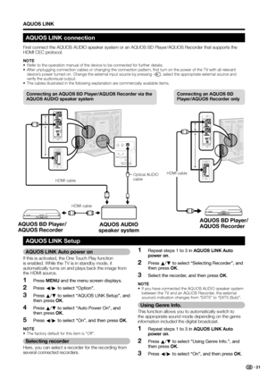 Page 23
Connecting an AQUOS BD 
Player/AQUOS Recorder only
HDMI cable
AQUOS AUDIO 
speaker system
Connecting an AQUOS BD Player/AQUOS Recorder via the 
AQUOS AUDIO speaker system
HDMI cable
AQUOS BD Player/ 
AQUOS Recorder
HDMI cable
Optical AUDIO 
cable
AQUOS LINK
AQUOS LINK Auto power on
If this is activated, the One Touch Play function 
is enabled. While the TV is in standby mode, it 
automatically turns on and plays back the image from 
the HDMI source.
Press  MENU  and the menu screen displays.
Press  c/d...