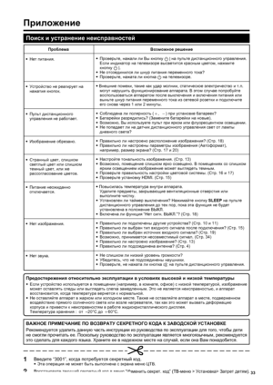 Page 35
33
•
 Проверьте , нажали  ли  Вы  кнопку  
B  на
 пульте  дистанционного  управления . 
     Если  индикатор  на  телевизоре  высветится  красным  цветом , нажмите  
кнопку  
B . 
•  Не  отсоединился  ли  шнур  питания  переменного  тока ?
•  Проверьте , нажата  ли  кнопка  
a  
на  телевизоре .
•  Внешние  помехи , такие  как  удар  молнии , статическое  электричество  и  т .п . 
могут  
нарушить  функционирование  аппарата . В  этом  случае  попробуйте  
воспользоваться  аппаратом  после  выключения...