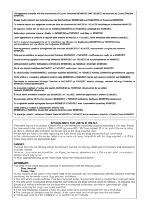 Page 2SPECIAL NOTE FOR USERS IN THE U.K.
The mains lead of this product is fitted with a non-rewireable (moulded) plug incorporating a 13A fuse. Should
the fuse need to be replaced, a BSI or ASTA approved BS 1362 fuse marked 
 or ASA and of the same rating
as above, which is also indicated on the pin face of the plug, must be used.
Always refit the fuse cover after replacing the fuse. Never use the plug without the fuse cover fitted.
In the unlikely event of the socket outlet in your home not being compatible...