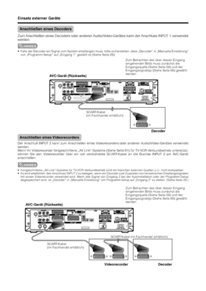 Page 6260
AVC-Gerät (Rückseite)
Decoder
SCART-Kabel
(im Fachhandel erhältlich)
Anschließen eines Decoders
Zum Anschließen eines Decoders oder anderen Audio/Video-Gerätes kann der Anschluss INPUT 1 verwendet
werden.
AVC-Gerät (Rückseite)
Videorecorder
SCART-Kabel (im Fachhandel erhältlich)
Decoder
SCART-Kabel
(im Fachhandel erhältlich)
Anschließen eines Videorecorders
Der Anschluß INPUT 2 kann zum Anschließen eines Videorecorders oder anderen Audio/Video-Gerätes verwendet
werden.
Wenn Ihr Videorecorder...