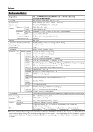 Page 8482
Anhang
Gegenstand
Videofarbsystem PAL/SECAM/NTSC 3.58/NTSC 4.43/PAL 60
TV-
FunktionCCIR (B/G, I, D/K, L, L’)
TV-Standard
Technische Daten
LCD-Panel 45o Advanced Super View & BLACK TFT LCD
Anzahl der Pixel 6.220.800 Bildpunkte (1920 m 1080 m 3 Bildpunkte)
VHF/UHFE2–E69ch, F2–F10ch, I21–I69ch, IR A–IR Jch, (Digital: E5-E69ch)
CATV
Hyperband, Kan. S1 – S41
Fernseh-Tuner-System
99 Chan. Auto Preset, Auto Label, Auto Sort
STEREO/BILINGUAL NICAM/A2
Empfangbare
Kanäle
Helligkeit 450 cd/m2
Lebensdauer der...