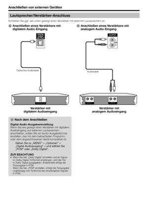 Page 20
Anschließen von externen Geräten
DIGITAL AUDIO IN AUX1 IN L 
R AUX OUT  L 
R 
Anschließen eines Verstärkers mit 
analogem Audio-EingangEAnschließen eines Verstärkers mit 
digitalem Audio-EingangE
Lautsprecher/Verstärker-Anschluss
Schließen Sie ggf. wie unten gezeigt einen Verstärker mit externen Lautsprechern an.
Nach dem Anschließen
Digital-Audio-Ausgabeeinstellung
Wenn Sie wie gezeigt einen Verstärker mit digitalem 
Audioeingang und externen Lautsprechern 
anschließen, sollten Sie ein...