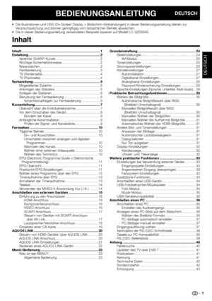 Page 3
BEDIENUNGSANLEITUNG
Inhalt .................................................................\
.................. 1
Einleitung........................................................................\
.... 2Verehrter SHARP-Kunde ............................................... 2
Wichtige Sicherheitshinweise ........................................ 2
Warenzeichen ..............................................................\
. 2
Fernbedienung .............................................................\
....