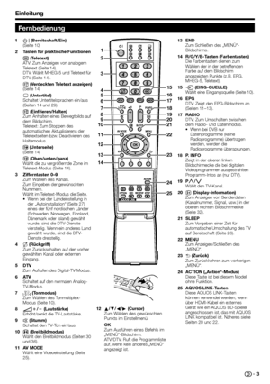 Page 5
Einleitung
Fernbedienung
15
16
17
18
19
20
21
22
23
24
25
4 
3 
2 
5 
6 
7 
8 
9 
10 
11 
12 
13 
14  1 
B
 (Bereitschaft/Ein)
(Seite 10)
Tasten für praktische Funktionen
m  (Teletext)
ATV: Zum Anzeigen von analogem 
Teletext (Seite 14).
DTV: Wählt MHEG-5 und Teletext für 
DTV (Seite 14).
k  
(Verdeckten Teletext anzeigen)(Seite 14)
[ (Untertitel)
Schaltet Untertitelsprachen ein/aus 
(Seiten 14 und 29).
3  (Einfrieren/Halten)
Zum Anhalten eines Bewegtbilds auf 
dem Bildschirm.
Teletext: Zum Stoppen des...