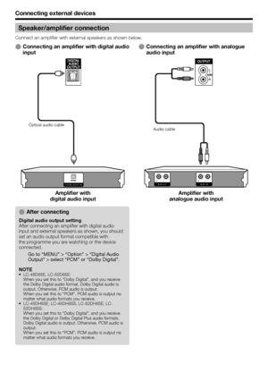 Page 20
Connecting external devices
DIGITAL AUDIO IN AUX1 IN L 
R AUX OUT  L 
R 
Connecting an amplifier with analogue 
audio inputEConnecting an amplifier with digital audio 
inputE
Speaker/amplifier connection
Connect an amplifier with external speakers as shown below.
After connecting
Digital audio output setting
After connecting an amplifier with digital audio 
input and external speakers as shown, you should 
set an audio output format compatible with 
the programme you are watching or the device...