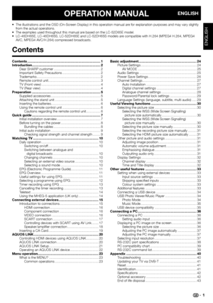 Page 3
OPERATION MANUAL
Contents ...............................................................\
.............. 1
Introduction ........................................................................\
 2
Dear SHARP customer ................................................. 2
Important Safety Precautions ........................................ 2
Trademarks ..............................................................\
..... 2
Remote control unit....................................................... 3
TV...