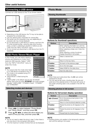 Page 36
Other useful features
Connecting a USB device
Connect an USB device to the TV as shown below.
Depending on the USB device, the TV may not be able to 
recognise the contained data.
Use only alphanumeric characters for naming files.
File names over 80 characters (may vary depending on 
character set) may not be displayed.
Do not disconnect a USB device or memory card from the 
TV while transferring files, using the slide show function, 
when a screen is switching to another or before you exit 
“USB” from...