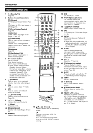 Page 5
Introduction
15
16
17
18
19
20
21
22
23
24
25
4 
3 
2 
5 
6 
7 
8 
9 
10 
11 
12 
13 
14  1 
B
 (Standby/On)
(Page 10)
Buttons for useful operations
m  (Teletext)
ATV: Display analogue teletext (Page 
14).
DTV: Select MHEG-5 and teletext for 
DTV (Page 14).
k  (Reveal hidden Teletext)
(Page 14)
[  (Subtitle)
Switch subtitle languages on/off 
(Pages 14 and 29).
3  (Freeze/Hold)
Press to freeze a moving image on 
the screen.
Teletext: Stop updating teletext 
pages automatically or release the 
hold mode....