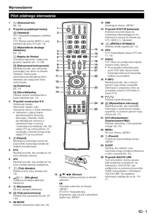 Page 5
Wprowadzenie
15
16
17
18
19
20
21
22
23
24
25
4 
3 
2 
5 
6 
7 
8 
9 
10 
11 
12 
13 
14  1 
B
 (Gotowość/wł.)
(str. 10)
Przyciski przydatnych funkcji
m  (Teletekst)
ATV: Wyświetla analogowy teletekst 
(str. 13).
DTV: Można wybrać MHEG-5 oraz 
teletekst dla trybu DTV (str. 13).
k  (Wyświetlenie ukrytego 
teletekstu)
(str. 13)
[  (Napisy do filmów)
Umożliwia włączenie i wyłączenie 
języków napisów (str. 13 i 28).
3  (Zatrzymanie/wstrzymanie)
Naciśnij przycisk, aby zatrzymać 
poruszający się obraz na...