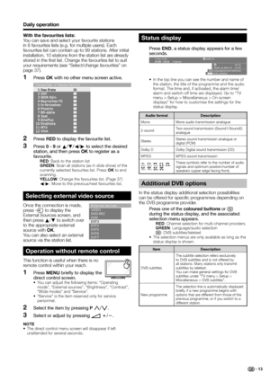 Page 15
With the favourites lists:
You can save and select your favourite stations 
in 6 favourites lists (e.g. for multiple users). Each 
favourites list can contain up to 99 stations. After initial 
installation, 10 stations from the station list are already 
stored in the first list. Change the favourites list to suit 
your requirements (see “Select/change favourites” on 
page 37).Press  OK with no other menu screen active.
Favourites -> FavouriteList1
Press  RED to display the favourite list.
Press  0 - 9...