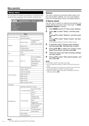 Page 38
Menu operation
Setup menu
You can search for stations automatically or manually as well 
as set the menu language, timer functions, child lock, etc.
SetupΕxtended functions Picture Sound
TV menu
AQUOS LINK setup
Stations
Child lock
Timer functions
Language
Miscellaneous
Items
AQUOS LINK setup Auto power on
Recorder selection
Stations Search wizard
Change search 
settings
Start search/update
Manual tune
Change stations
Select/change favourites
PIP* Type*
Position*
Child lock PIN ???? Lock immediately...