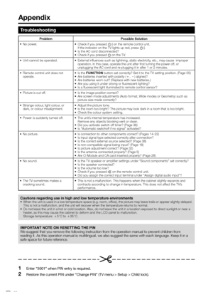 Page 54
Appendix
Troubleshooting
Problem Possible Solution
• No power. •  Check if you pressed B on the remote control unit.
    If the indicator on the TV lights up red, press  B. 
•  Is the AC cord disconnected?
•  Check if you pressed  a on the TV.
•  Unit cannot be operated. •  External influences such as lightning, static electricity, etc., may cause  improper  operation. In this case, operate the unit after first turning the power off, or 
unplugging the AC cord and re-plugging it in after 1 or 2...