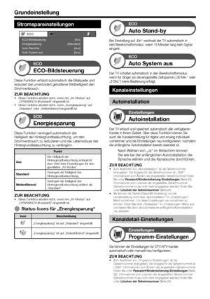 Page 22
20
Stromspareinstellungen
ECO
Energiesparung [Standard][Ein]
Auto Stand-by ECO-Bildsteuerung [Aus]
Auto System aus [Aus]
ECO
ECO-Bildsteuerung
Diese Funktion erfasst automatisch die Bildquelle und 
reduziert bei unverändert gehaltener Bildhelligkeit den 
Stromverbrauch.
ZUR BEACHTUNGDiese Funktion arbeitet nicht, wenn der „AV-Modus“ auf 
„DYNAMISCH (Konstant)“ eingestellt ist.
Diese Funktion arbeitet nicht, wenn „Energiesparung“ auf 
„Standard“ oder „Weiterführend“eingestellt ist.
ECO
Energiesparung...