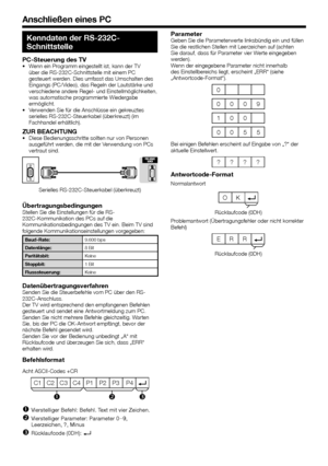 Page 28
26
Kenndaten der RS-232C-
Schnittstelle
PC-Steuerung des TVWenn ein Programm eingestellt ist, kann der TV 
über die RS-232C-Schnittstelle mit einem PC 
gesteuert werden. Dies umfasst das Umschalten des 
Eingangs (PC/Video), das Regeln der Lautstärke und 
verschiedene andere Regel- und Einstellmöglichkeiten, 
was automatische programmierte Wiedergabe 
ermöglicht.
Verwenden Sie für die Anschlüsse ein gekreuztes 
serielles RS-232C-Steuerkabel (überkreuzt) (im 
Fachhandel erhältlich).
ZUR BEACHTUNGDiese...