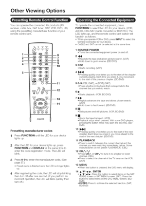 Page 37  
OtherViewingOptions 
YoucanoperatetheconnectedAVproducts(AV 
receiver,cablebox,SATtuner,DTV,VCR,DVD,LD) 
usingthepresettingmanufacturerfunctionofyour 
remotecontrolunit. 
--FAVORITECH-- 
®®©® 
AQUOS 
Presettingmanufacturercodes 
1PressFUNCTIONuntiltheLEDforyourdevice 
lightsup. 
2 AftertheLEDforyourdevicelightsup,press 
FUNCTIONandDISPLAYatthesametimeto 
enterthecoderegistrationmode.TheLEDwill 
blink. 
3 
4 Press0-9toenterthemanufacturercode.(See 
page37.) 
PresetmodeisfinishedoncetheLEDnolongerlights...