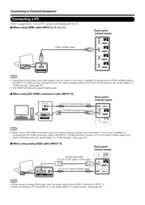 Page 18 16
Connecting a PC
Refer to page 48 for a list of PC signals compatible with the TV.
■ When using HDMI cable (INPUT 4, 5, 6 or 7):
HDMI OUT
Back panel 
vertical inputs
HDMI-certied cable
 Depending on the board, only video signals may be output. In this case, \
in addition to connecting an HDMI-certi ed cable to 
the INPUT 4 (HDMI) terminal, connect a Ø 3.5 mm stereo minijack cab\
le to the AUDIO IN terminal and set Audio Select to 
HDMI+Analog. (See page 48.)

The HDMI terminals only support digital...