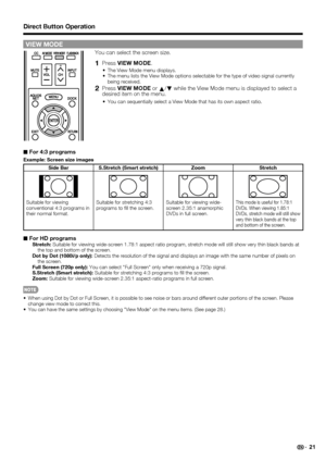 Page 23 21
Direct Button Operation
VIEW MODE
You can select the screen size.
1 Press VIEW MODE .
The View Mode menu displays.The menu lists the View Mode options selectable for the type of video si\
gnal currently 
being received.
2 Press VIEW MODE  or 
a/
b  while the View Mode menu is displayed to select a 
desired item on the menu.
You can sequentially select a View Mode that has its own aspect ratio.
■  For 4:3 programs
Example: Screen size images
Side Bar S.Stretch (Smart stretch) Zoom Stretch
Suitable for...