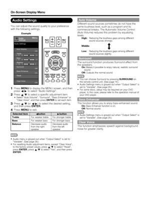 Page 28 26
On-Screen Display Menu
Audio Settings
You can adjust the sound quality to your preference 
with the following settings.
Example
MenuAudio
Settings
Auto Volume[Off]
Bass[     0] a15
b15
Treble[     0] a15
b15
Balance[    0] L
R
Surround[Off]
[Off]
Bass Enhancer[On]
Reset
Clear Voice
Audio Settings
    
1 Press 
MENU to display the MENU screen, and then 
press  c/
d  to select Audio Settings.
2 Press 
a/
b  to select a speci c adjustment item.Select Auto Volume, Surround, Bass Enhancer or 
Clear Voice,...