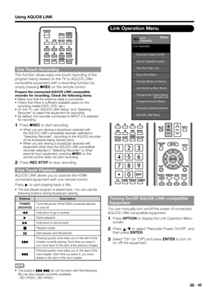 Page 47 45
Link Operation Menu
Recorder Power On/Off
Device Operation panel
[By AQUOS SP]
Play from Rec. List
Show Start Menu
Change Media of Device
Link Booking (Rec. Book)
Change Audio Output Device
Change Surround Mode
Choosing Operating Device
AQUOS LINK Setup
Link Operation
MenuLink
Operation
     
Turning On/Off AQUOS LINK-compatible 
Equipment
You can manually turn on/off the power of connected 
AQUOS LINK-compatible equipment.
1   Press 
OPTION  to display the Link Operation Menu 
screen.
2   Press  a/...