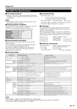 Page 51 49
■ PC control of the TV Attach an RS-232C cable cross-type (commercially 
available) to the supplied Din/D-Sub RS-232C for the 
connections.
This operation system should be used by a person who is 
accustomed to using computers.
■  Communication conditionsSet the RS-232C communication settings on the PC to 
match the TVs communication conditions.
The TVs communication settings are as follows:
Baud rate:
9,600 bps
Data length: 8 bits
Parity bit: None
Stop bit: 1 bit
Flow control: None
■ Communication...