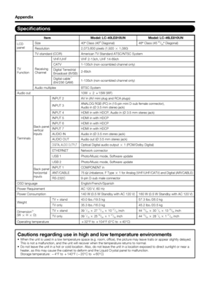 Page 66Item Model: LC-40LE810UN Model: LC-46LE810UN
LCD 
panel Size 40
o Class (40 o
 Diagonal) 46 o Class (45 63/64o Diagonal)
Resolution 2,073,600 pixels (1,920  g 1,080)
TV 
Function TV-standard (CCIR) American TV Standard ATSC/NTSC System
Receiving 
Channel
VHF/UHF VHF 2-13ch, UHF 14-69ch
CATV 1-135ch (non-scrambled channel only)
Digital Terrestrial 
Broadcast (8VSB)2-69ch
Digital cable
*1 
(64/256 QAM) 1-135ch (non-scrambled channel only)
Audio multiplex BTSC System
Audio out 10W  g 2 
e15W (WF)
Terminals...