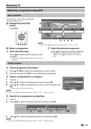 Page 2321
Selecting a programme using EPG
Basic operation
The	illustrations	on	this	page	are	explained	using	three	digit	services.
 EDisplay/Close the EPG screen
Press EPG.
SelectEnterBackExit
AMPM
Programme info.Search by genre Search by dateTimer list
NOTE•	You	can	also	display	the	EPG	screen	from	“Menu”	>	“EPG”	>	“EPG”.
 ESelect a programme
 1Select the time span
Press c/d to select the time span you want to search.•	Continue	to	press	d	to	display	programmes	in	the	next	time	span.
 2Select the desired...