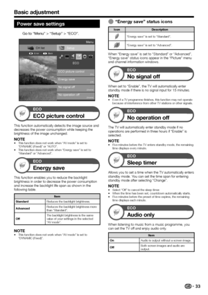 Page 3533
Power save settings
Go to “Menu” > “Setup” > “ECO”.
Setup
No signal off ECO picture control ECO
Energy save
CH list
:Back
:Enter
Menu
No operation off[Disable] [Disable] [Off]
[On]
ECO
ECO picture control
This	function	automatically	detects	the	image	source	and	decreases	the	power	consumption	while	keeping	the	brightness	of	the	image	unchanged.
NOTE•	This	function	does	not	work	when	“AV	mode”	is	set	to	“DYNAMIC	(Fixed)”	or	“AUTO”.•	This	function	does	not	work	when	“Energy	save”	is	set	to	“Standard”	or...