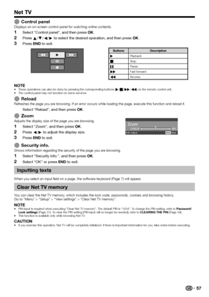 Page 5957
Net TV
 EControl panelDisplays	an	on-screen	control	panel	for	watching	online	contents.
 1Select “Control panel”, and then press ;.
 2Press a/b/c/d to select the desired operation, and then press ;.
 3Press > to exit.
ButtonsDescription
I Playback
H Stop
F Pause
J Fast
NOTE•	These	operations	can	also	be	done	by	pressing	the	corresponding	buttons	(I/H/J/G)	on	the	remote	control	unit.•	The	control	panel	may	not	function	on	some	services.
 EReloadRefreshes	the	page	you	are	browsing.	If	an	error	occurs...