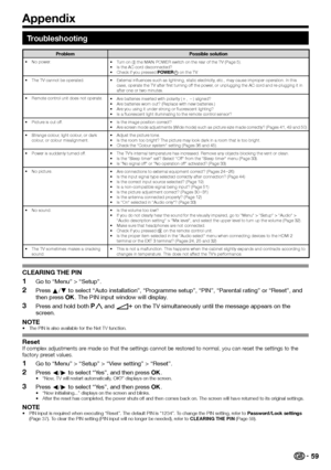 Page 6159
Troubleshooting
ProblemPossible solution•	No	power.•	Turn	on	(;)	the	MAIN	POWER	switch	on	the	rear	of	the	TV	(Page	5).•	Is	the	AC	cord	disconnected?•	Check	if	you	pressed		“Setup”	>	“Audio”	>	“Audio	description	setting”	>	“Mix	level”,	and	select	the	upper	level	to	turn	up	the	volume	(Page	32).•	Make	sure	that	headphones	are	not	connected.•	Check	if	you	pressed	e	on	the	remote	control	unit.•	Is	the	proper	item	selected	in	the	“Audio	select”	menu	when	connecting	devices	to	the	HDMI	2	terminal	or	the	EXT...