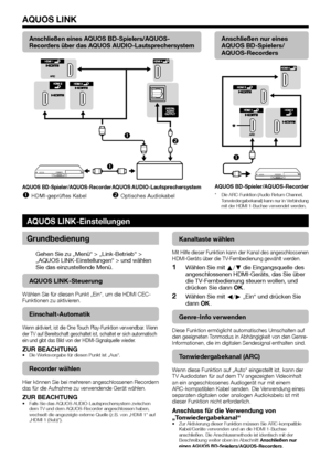 Page 28


Anschließen eines AQUOS BD-Spielers/AQUOS-Recorders über das AQUOS AUDIO-Lautsprechersystem



AQUOS BD-Spieler/AQUOS-RecorderAQUOS AUDIO-Lautsprechersystem
HDMI-geprüftes KabelOptisches Audiokabel
Anschließen nur eines AQUOS BD-Spielers/AQUOS-Recorders

AQUOS BD-Spieler/AQUOS-Recorder
Die ARC-Funktion (Audio Return Channel, Tonwiedergabekanal) kann nur in Verbindung 
mit der HDMI 1-Buchse verwendet werden.*
AQUOS LINK-Einstellungen
Grundbedienung
Gehen Sie zu „Menü“ >...