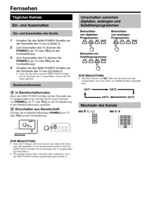 Page 2018
Täglicher Betrieb
Ein- und Ausschalten
Ein- und Ausschalten des Geräts
 1Schalten Sie den MAIN POWER-Schalter auf der Rückseite des TV ein (;) (Seite 5).
 2Zum Einschalten des TV drücken Sie a an der Fernbedienung.
 3Zum Ausschalten des TV drücken Sie a an der Fernbedienung.
 4Schalten Sie den MAIN POWER-Schalter auf der Rückseite des TV aus (a) (Seite 5).•	Wenn	Sie	den	Strom	mit	dem	MAIN	POWER-Schalter	auf	der	Rückseite	des	TV	ausschalten,	werden	die	EPG-Daten	gelöscht.
Bereitschaftsmodus
 EIn...