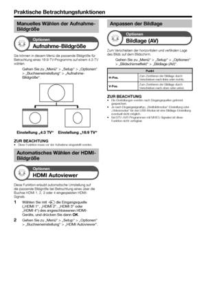 Page 4442
Manuelles Wählen der Aufnahme-
Bildgröße
Optionen
Aufnahme-Bildgröße
Sie	können	in	diesem	Menü	die	passende	Bildgröße	für	Betrachtung	eines	16:9-TV-Programms	auf	einem	4:3-TV	wählen.
Gehen Sie zu „Menü“ > „Setup“ > „Optionen“ > „Buchseneinstellung“ > „Aufnahme-Bildgröße“.
Einstellung „4:3 TV“Einstellung „16:9 TV“
ZUR BEACHTUNG•	Diese	Funktion	muss	vor	der	Aufnahme	eingestellt	werden.
Automatisches Wählen der HDMI-
Bildgröße
Optionen
HDMI Autoviewer
Diese	Funktion	erlaubt	automatische	Umstellung	auf...