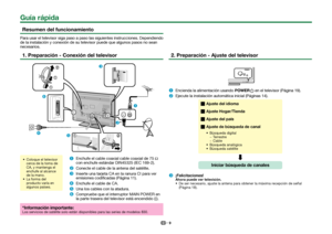 Page 119
 Resumen del funcionamiento
Para usar el televisor siga paso a paso las siguientes instrucciones. De\
pendiendo 
de la instalación y conexión de su televisor puede que algunos pas\
os no sean 
necesarios.
 1. Preparación - Conexión del televisor
p
r
s
q on
 Coloque el televisor 
cerca de la toma de 
CA, y mantenga el 
enchufe al alcance 
de la mano.
 La forma del  producto varía en 
algunos países. 
Enchufe el cable coaxial cable coaxial de 75  q 
con enchufe estándar DIN45325 (IEC 169-2).
 
Conecte...