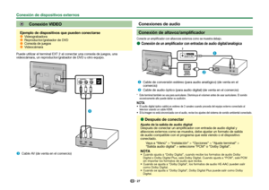 Page 2927
 Conexión VIDEO
Ejemplo de dispositivos que pueden conectarse 
EVideograbadora 
EReproductor/grabador de DVD 
EConsola de juegos 
EVideocámara
Puede utilizar el terminal EXT 2 al conectar una consola de juegos, una \
videocámara, un reproductor/grabador de DVD u otro equipo.
n
 
Cable AV (de venta en el comercio)
 Conexiones de audio
 Conexión de altavoz/amplificador
Conecte un amplificador con altavoces externos como se muestra debajo.
 
EConexión de un amplificador con entradas de audio...