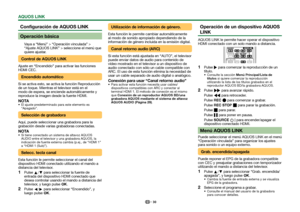 Page 3230
Configuración de AQUOS LINK
Operación básica
Vaya a “Menú” > “Operación vinculada” > 
“Ajuste AQUOS LINK” > seleccione el menú que 
quiere ajustar.
Control de AQUOS LINK
Ajuste en “Encendido” para activar las funciones 
HDMI CEC.
Encendido automático
Si se activa esto, se activa la función Reproducción 
de un toque. Mientras el televisor está en el 
modo de espera, se enciende automáticamente y 
reproduce la imagen desde la fuente HDMI.
NOTA El ajuste predeterminado para este elemento es “Apagado”....