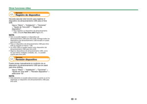 Page 5250
Opciones
 Registro de dispositivo
Necesita ejecutar esta función para registrar el 
dispositivo de almacenamiento USB para el time 
shift.Vaya a “Menú” > “Instalación” > “Opciones” 
> “Ajuste de Time shift” > “Registro de 
dispositivo”.
 Para registrar un dispositivo de almacenamiento USB, consulte Para time shift (Página 47).
NOTA Solo se puede registrar un dispositivo de almacenamiento USB para time shift. Extraiga todos los 
dispositivos de almacenamiento USB excepto el usado 
para time shift....