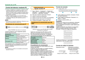 Page 6058
Control del televisor mediante PC
 Cuando se establezca un programa, el televisor podrá controlarse desde el PC utilizando RS-232C o IP. La 
señal de entrada (PC/vídeo) se puede seleccionar, el 
volumen se puede ajustar y también se pueden realizar 
otros ajustes, lo que permitirá realizar la reproducción 
programada automática.
 Utilice un cable de control en serie RS-232C (tipo  cruzado), cable ETHERNET (de venta en el comercio) 
o adaptador USB para LAN inalámbrica para las 
conexiones.
NOTA Este...