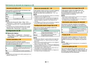 Page 7371
 Aumento del brillo en 3D
Puede ajustar la retroiluminación del televisor para 
visionado de imágenes en 3D.
Elemento
Alta La pantalla se ilumina
Media
Baja La pantalla se oscurece
NOTA Cuando está seleccionado “Alta” o “Baja”, “OPC”, 
“Retroilumina.” y “Gama de OPC” no están disponibles.
 El “Aumento del brillo en 3D” no está disponible para  modo 2D.
 Los elementos de “Aumento del brillo en 3D” pueden  guardarse para cada elemento de “Modo AV” en 3D 
(“Estándar (3D)”, “Película (3D)”, “Juego (3D\...