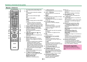 Page 108
 Mando a distancia
6
7
5
4
3
8
9
10
12
13
14
11
2
116
15
17
18
19
20
21
22
23
24
 
1 >a (Espera/Encendido) (Página 19)
 
2 AT V
Acceso al modo de televisión analógica 
convencional.
DTV
Acceso al modo de televisión digital.
SAT
Acceso al modo satélite.
RADIO
DTV/SAT: Cambiar entre los modos RADIO 
y Datos.
Cuando por DVB sólo se transmiten 
emisiones de datos (sin emisiones de 
radio), se saltarán las emisiones de radio.
 
3 Botones AQUOS LINK (Páginas 28 y 30)
 
4 CONTROL (Páginas 48, 49, 53 y 62)...